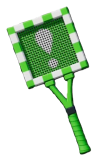 Uma raquete de tênis quadrada com padrões xadrez branco e verde. Um desenho de ponto de exclamação branco está nas cordas verdes.