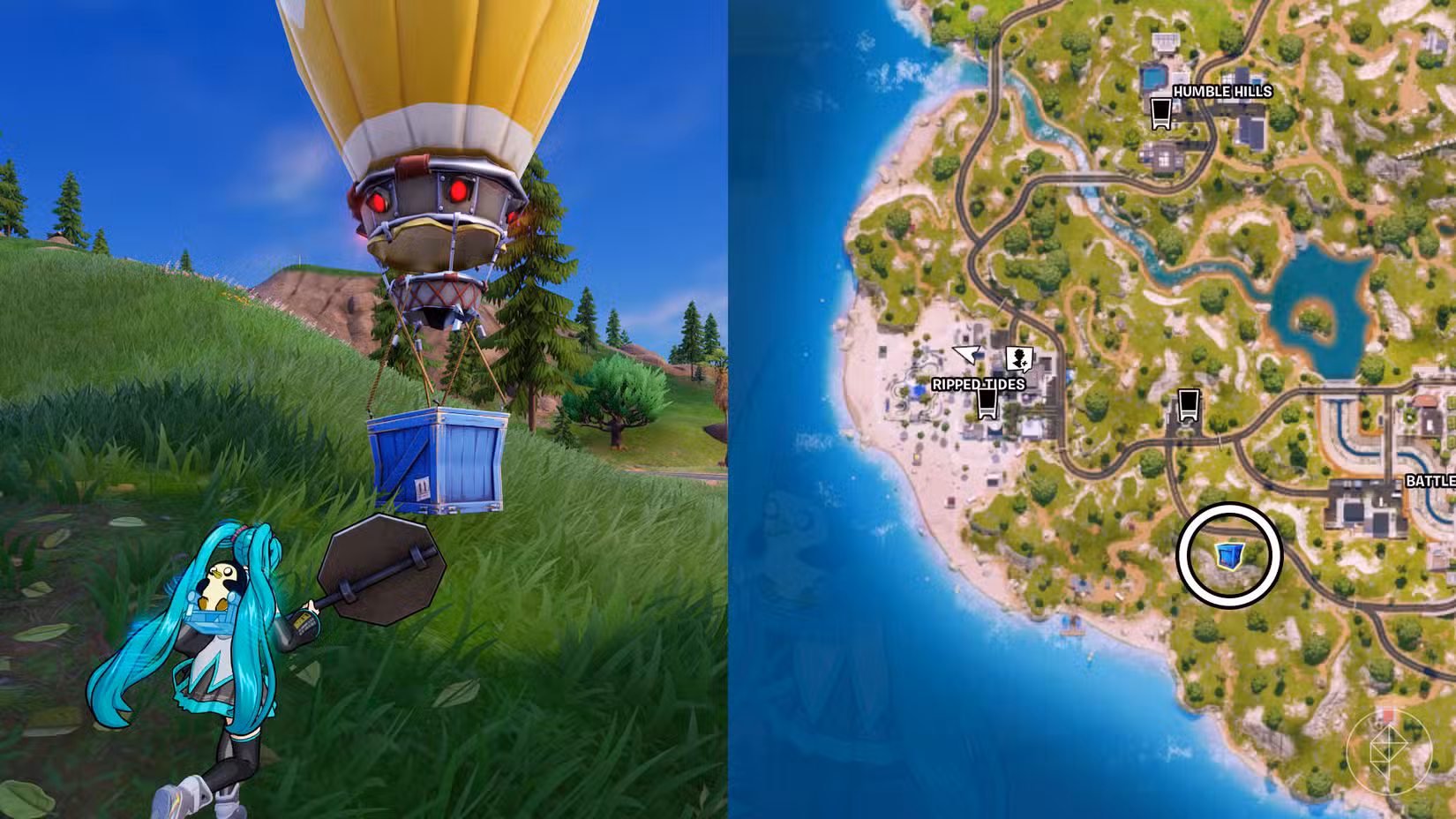 Uma entrega de suprimentos marcada no mapa em Fortnite.