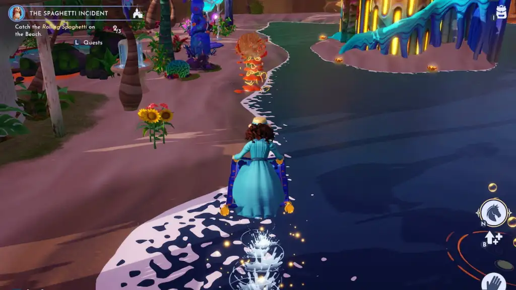 Andando no tapete mágico perseguindo uma bola de espaguete na praia no Disney Dreamlight Valley