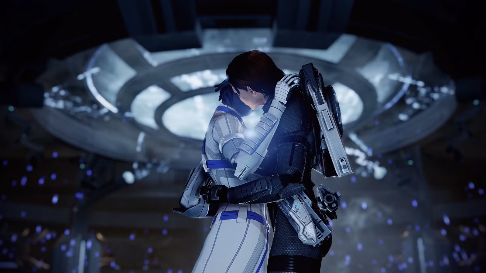 Comandante Shepard e Liara compartilhando um momento íntimo em Mass Effect