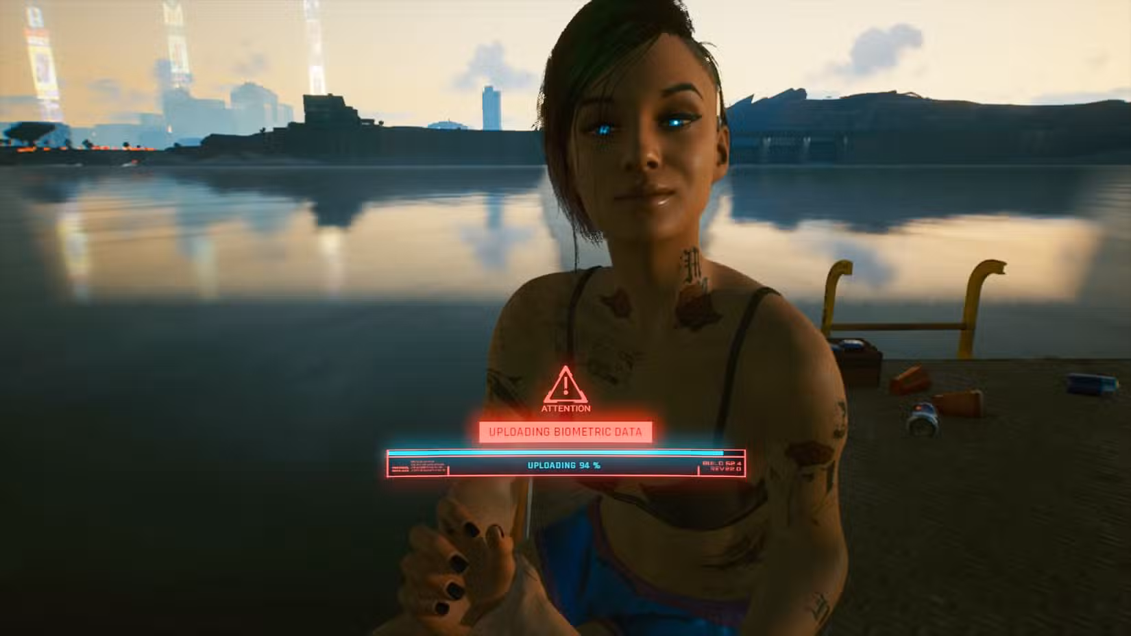No Cyberunk 2077, Judy e o jogador sentam-se nas docas, com Judy segurando a mão do jogador.