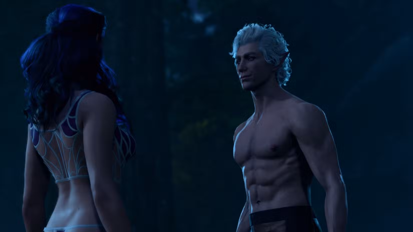 Astarion - um elfo vampiro pálido com cabelos brancos cacheados e olhos vermelhos - conhece uma personagem feminina para uma brincadeira na floresta.