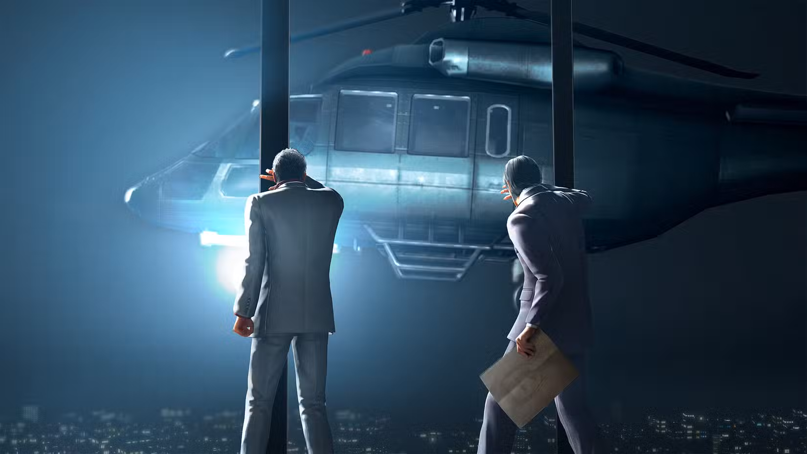 Um helicóptero paira do lado de fora de uma janela em Yakuza Kiwami 3.