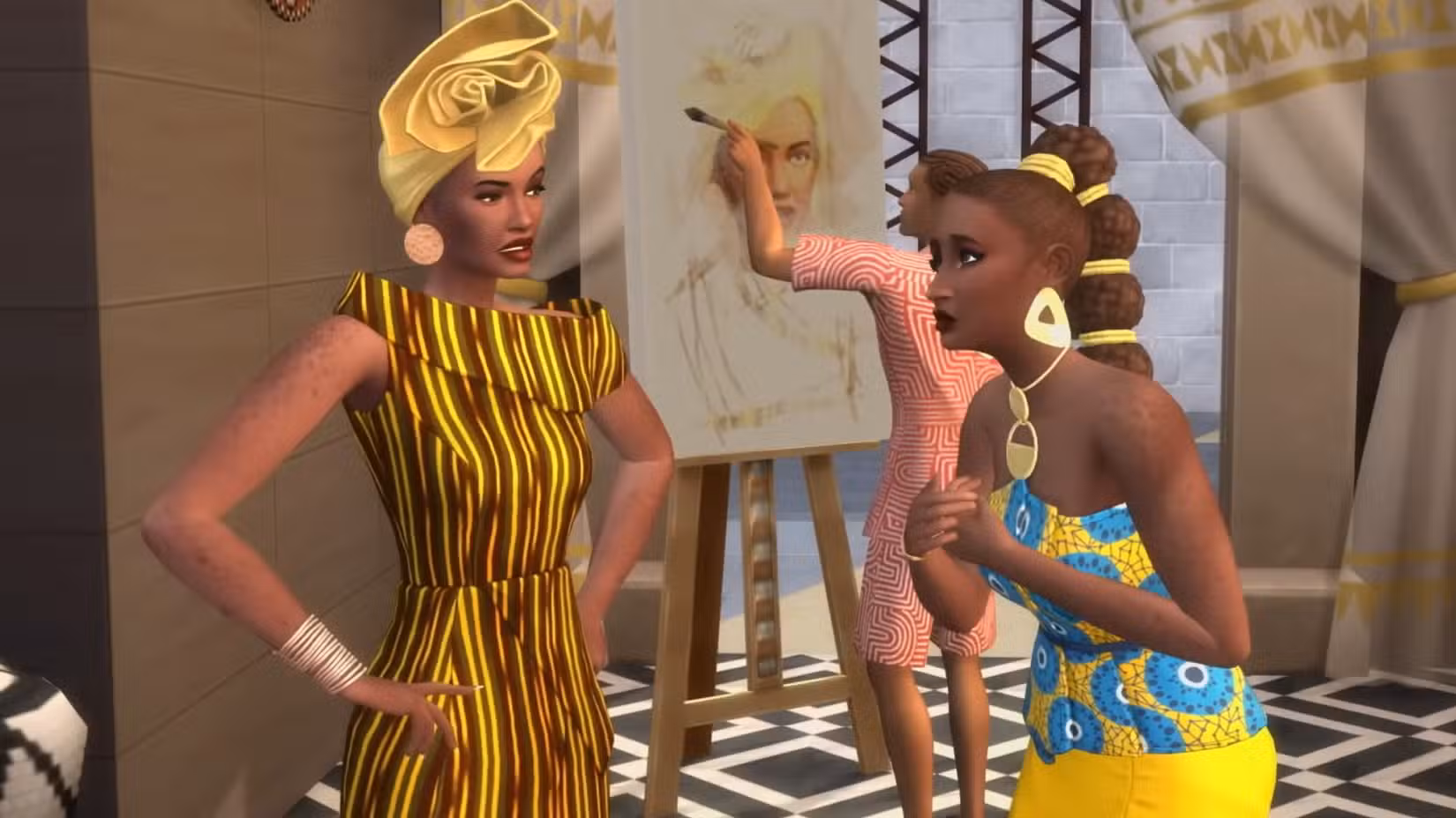 Duas Sims negras parecem discutir, como visto no trailer de The Sims 4 Dynasty & Legacy. O Sim da esquerda parece zangado, com as mãos na cintura, enquanto o da direita está com as mãos sobre o coração e uma expressão facial suplicante.