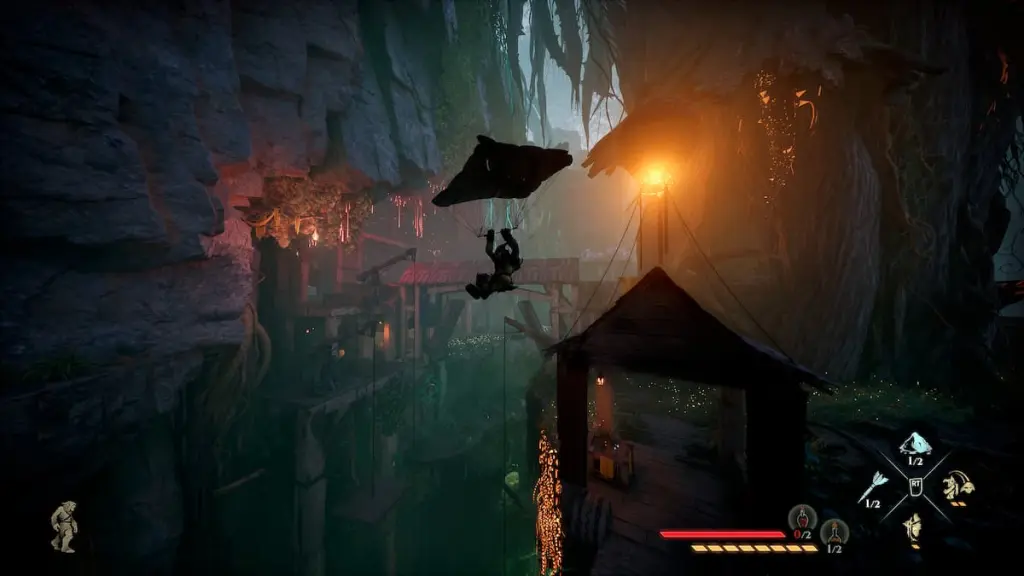 Styx planando sobre uma caverna em Styx: Blades of Greed.