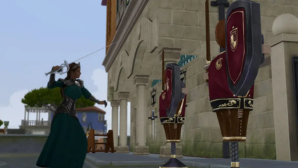 Lutando com boneco na frente do ferreiro no The Sims 4