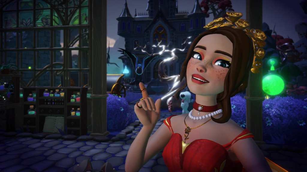Apontando para um corvo voando no Disney Dreamlight Valley