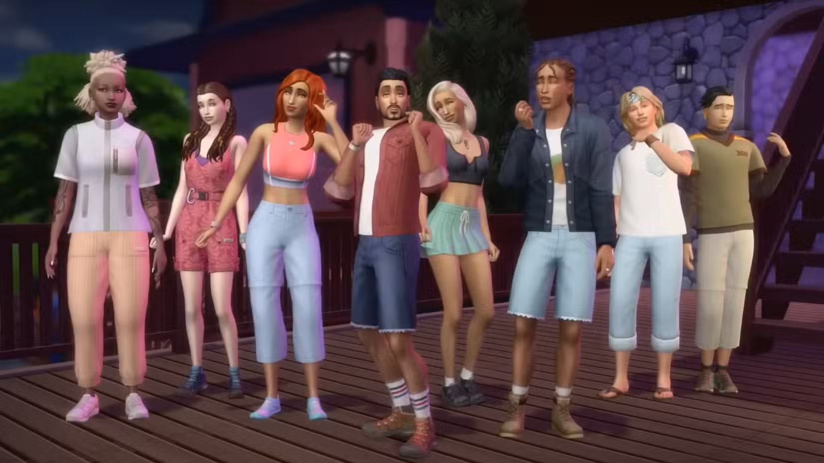 Um grupo de oito Sims em fila, de frente para a câmera e fazendo diversas expressões faciais