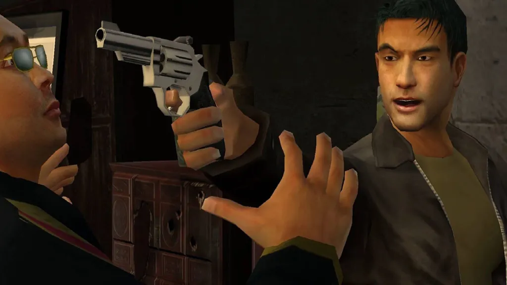 Nick Kang, do True Crime, aponta uma arma para um bandido.