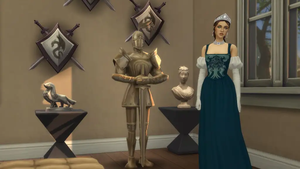 Sim dentro do museu perto de estátuas e arte de parede no The Sims 4
