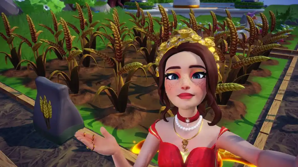 Jogador tirando foto com campo de trigo no Disney Dreamlight Valley