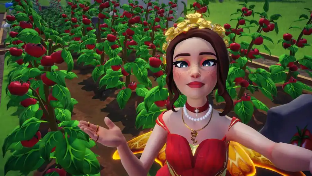 Jogador tirando uma foto com um campo de tomate no Disney Dreamlight Valley