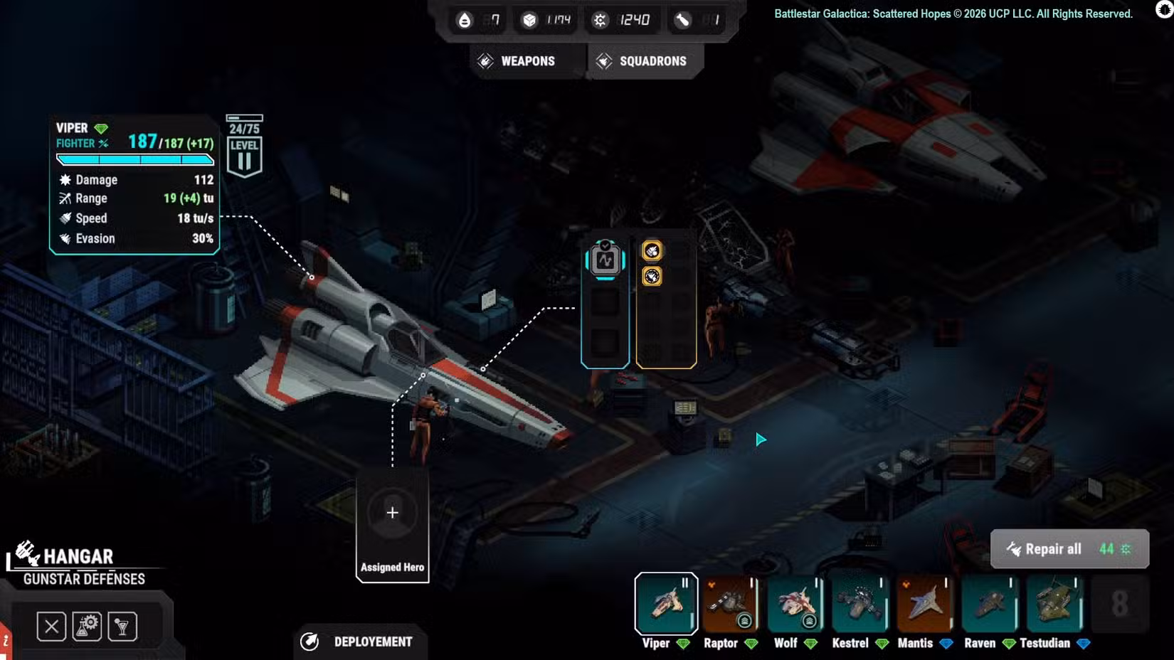 Uma víbora no hangar de Battlestar Galactica: Scattered Hopes