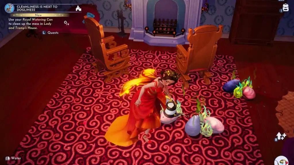 Usando regador para limpar bagunça no Disney Dreamlight Valley