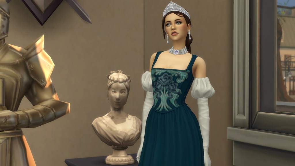 Sim ao lado da estátua de Cordelia no The Sims 4