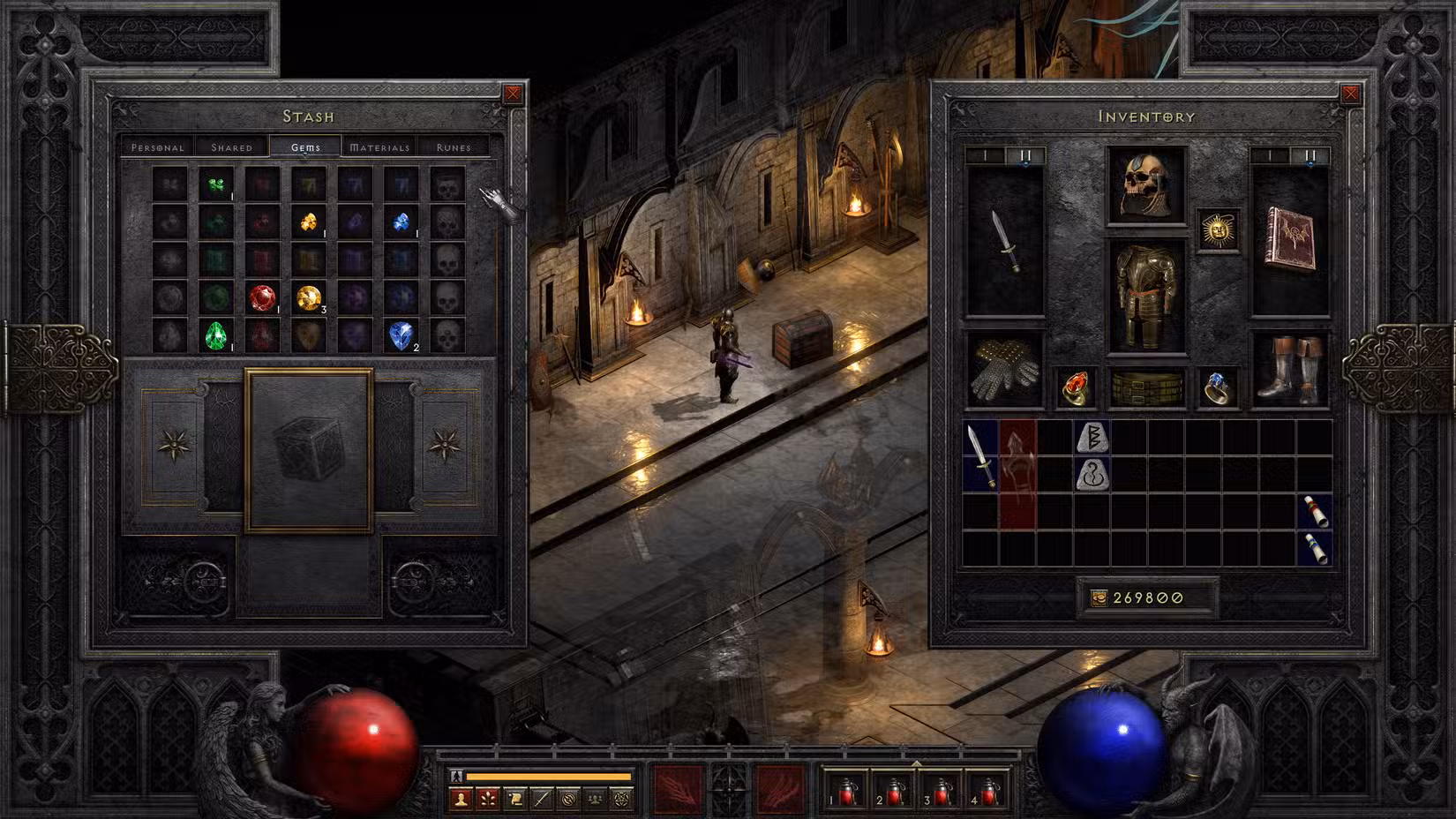 Uma captura de tela mostrando a aba avançada do baú em Diablo 2: Reign of the Warlock