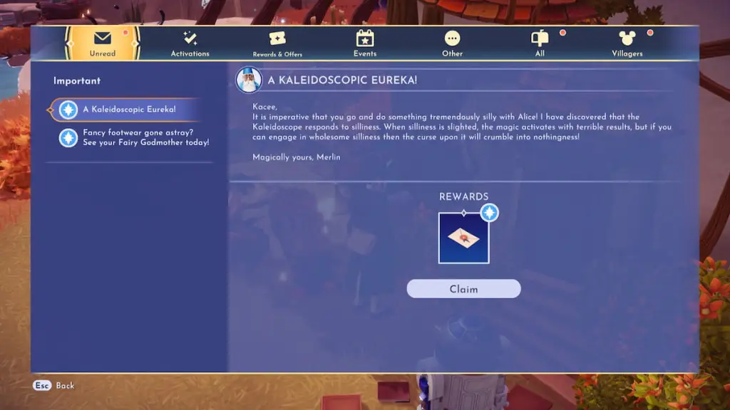 Carta caleidoscópio de Merlin no Disney Dreamlight Valley