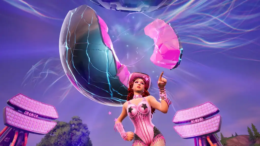Chappell Roan parado e apontando para o fragmento de ponto zero em Fortnite