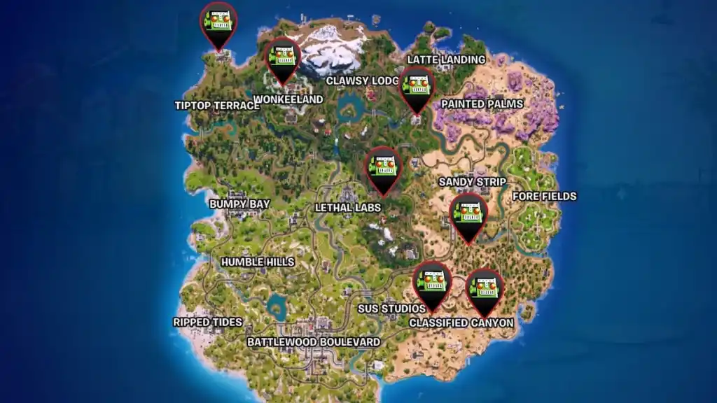 Locais do mapa Flusher marcados em Fortnite