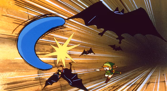 Arte desenhada à mão mostra Link jogando um bumerangue em criaturas Keese parecidas com morcegos