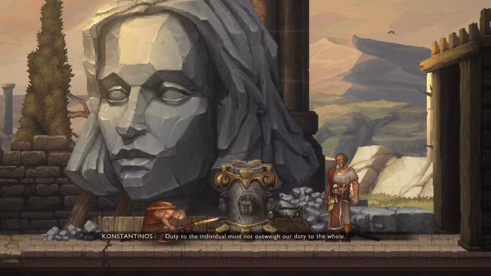 Konstantinos dando uma lição em Kratos na frente de uma escultura de cabeça gigante em uma captura de tela de God of War Sons of Sparta