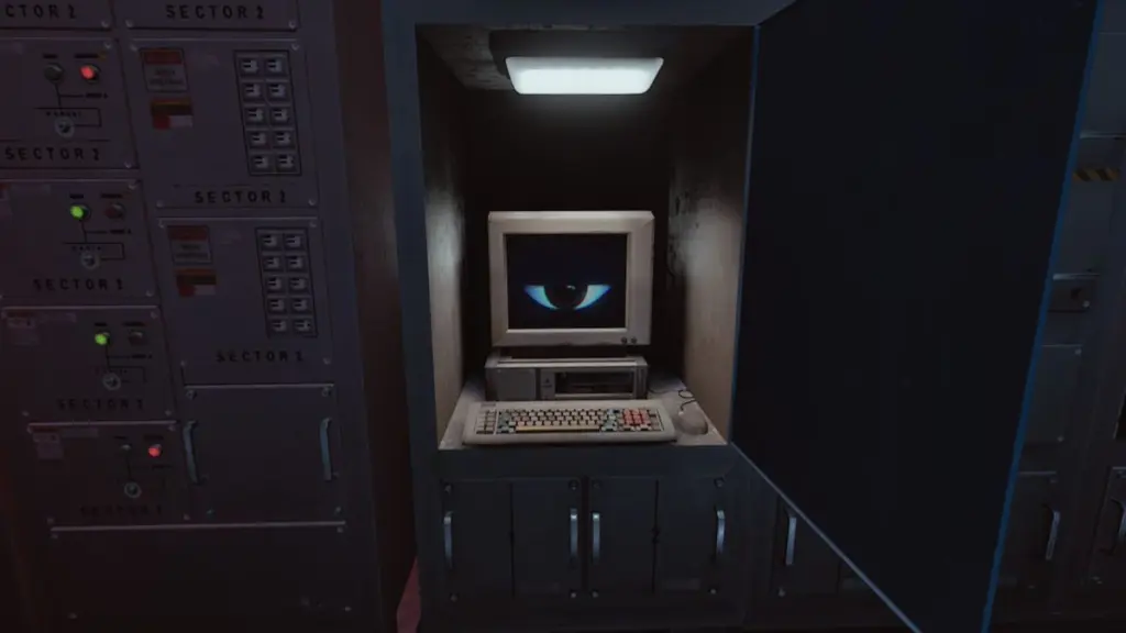 O olho de Harley Sawyer no monitor do computador