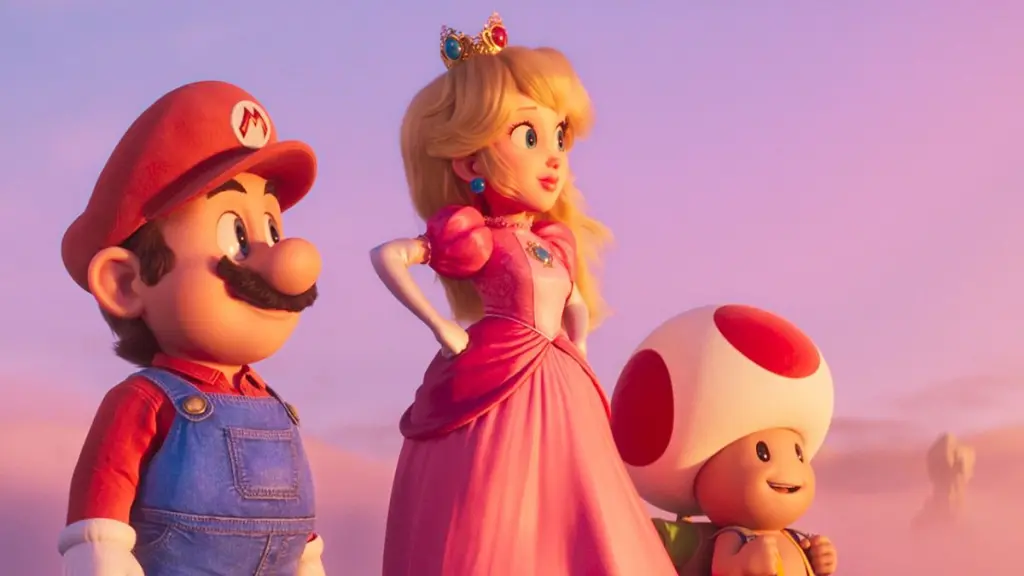 Mario (esquerda), Peach (meio) e Toad (direita) olhando para a direita, para algo fora da tela