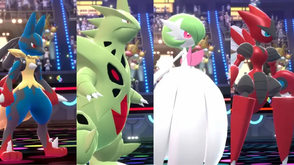 Lucario, Tyranitar, Gardevoir e Scizor em suas Mega Formas, lado a lado, em Pokémon Champions