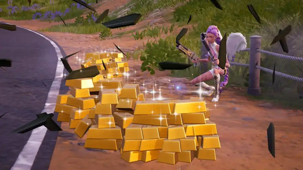 Barras de ouro no chão devido à queda na oferta em Fortnite