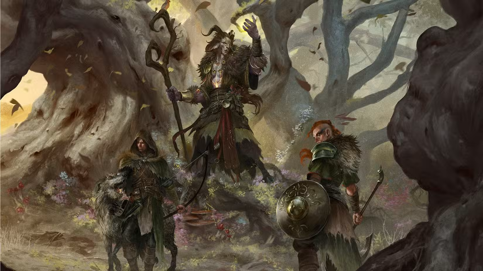 Um homem encapuzado com um arco acompanhado por um wolfhound irlandês, uma mulher com um machado e escudo e um Baloran segurando um cajado na floresta em arte de Beyond the Woods