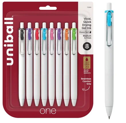 Canetas de gel retráteis uniball one, ponta média (0,7 mm), tintas sortidas, pacote com 8