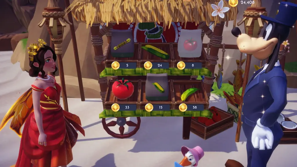 Comprando sementes de tomate do Pateta no Disney Dreamlight Valley