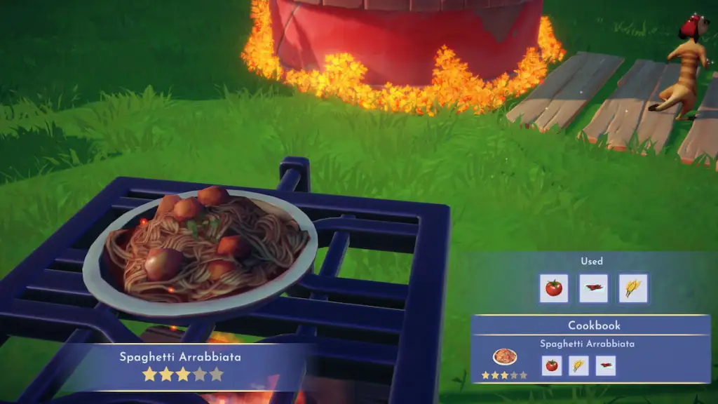 Espaguete Arrabbiata cozido no Disney Dreamlight Valley