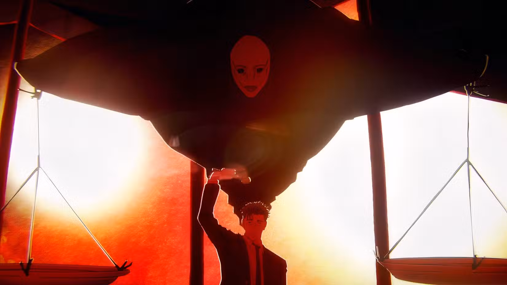Um homem vestindo terno levanta o martelo enquanto um Shikigami paira acima dele em Jujutsu Kaisen