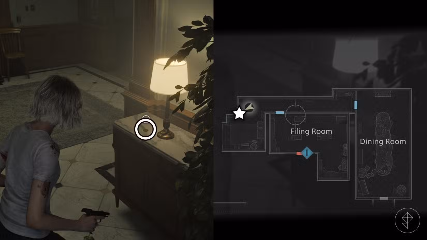 Uma montagem de duas imagens de Resident Evil Requiem mostrando a localização da Moeda Antiga número 3