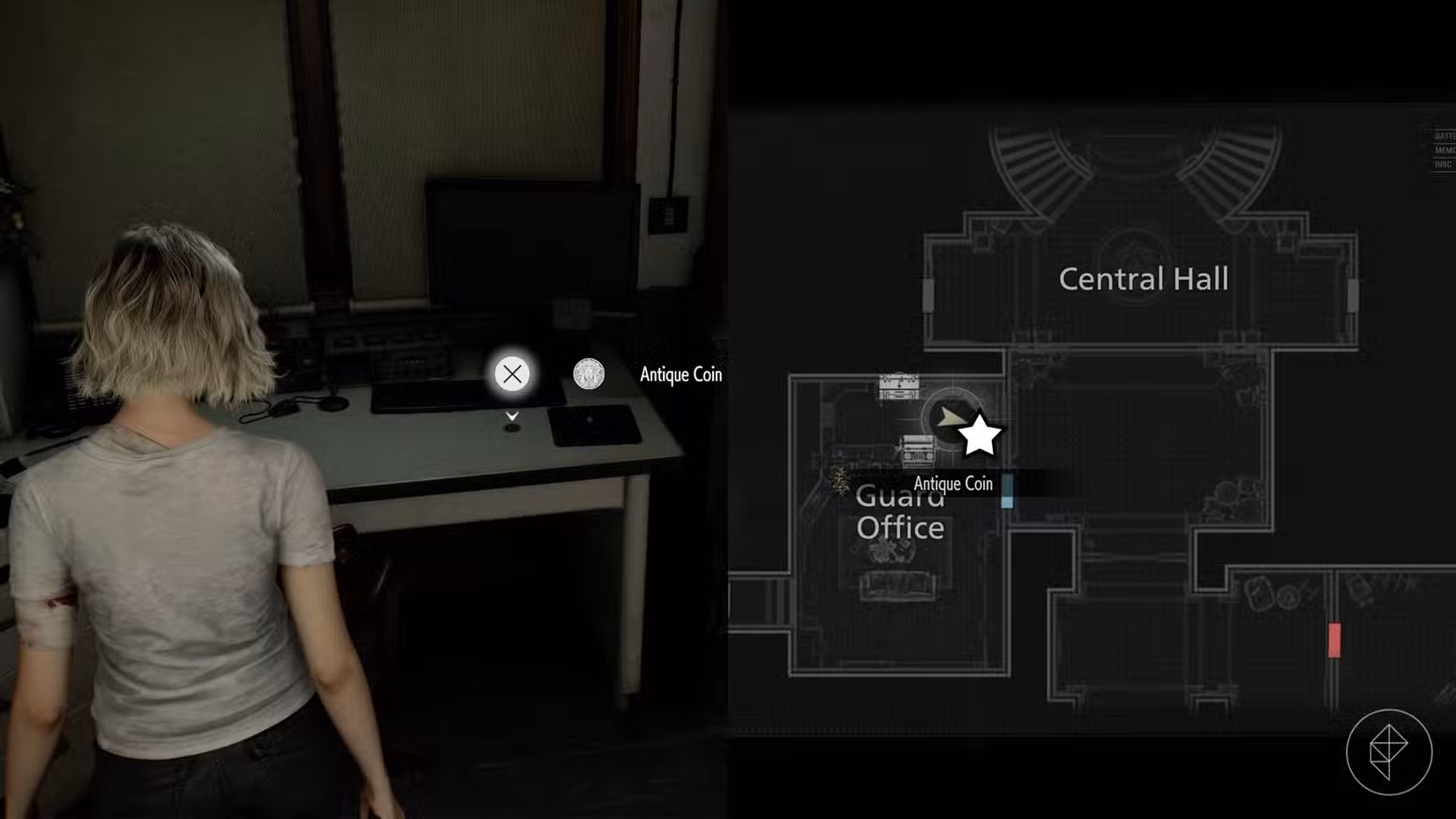 Uma montagem de duas imagens de Resident Evil Requiem mostrando a localização da Moeda Antiga número 2