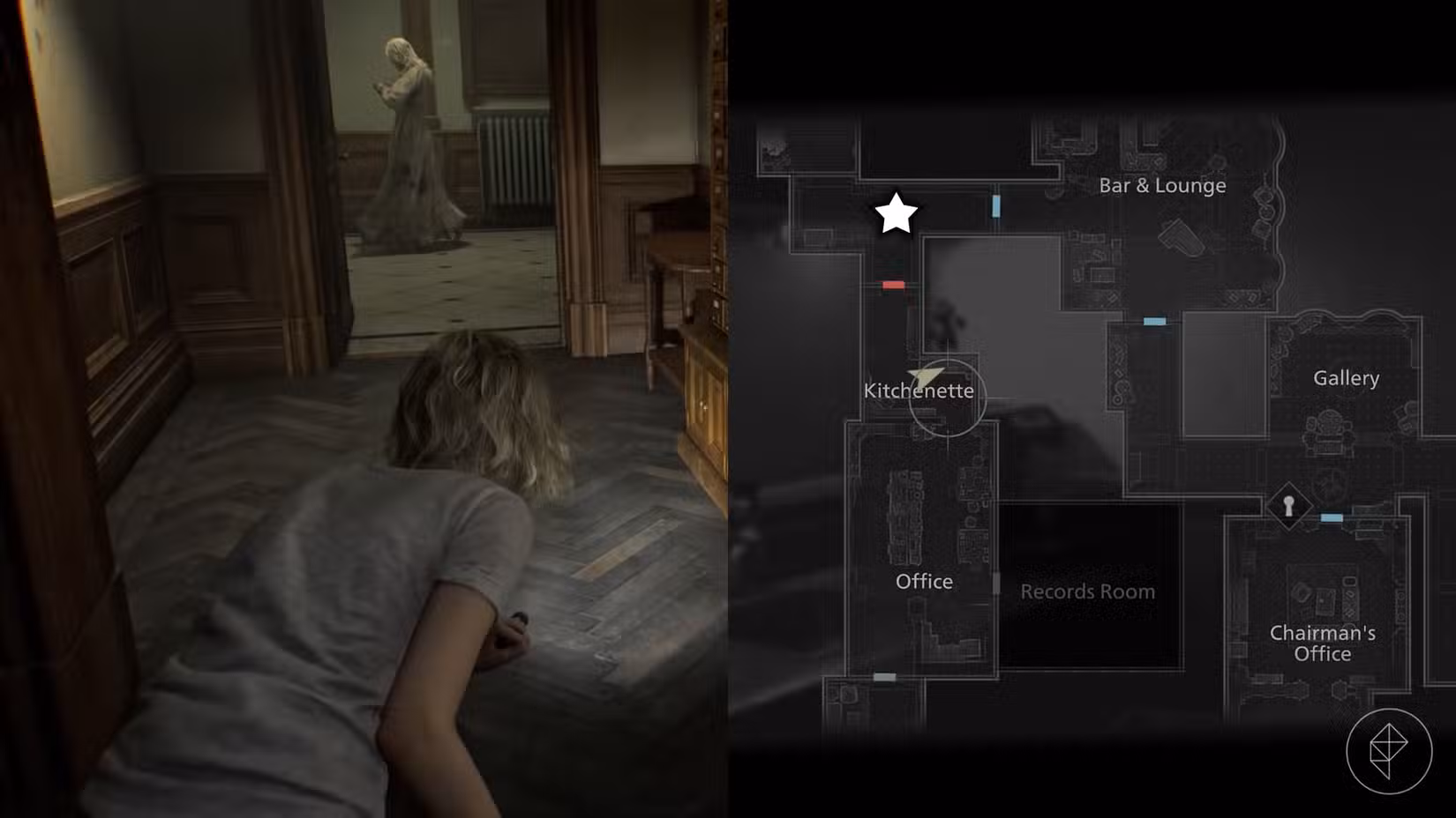 Uma montagem de duas imagens de Resident Evil Requiem mostrando a localização da Moeda Antiga número 14