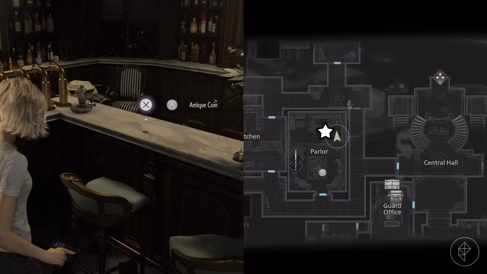 Uma montagem de duas imagens de Resident Evil Requiem mostrando a localização da Moeda Antiga número 6