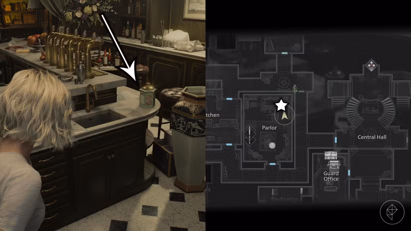 Uma montagem de duas imagens de Resident Evil Requiem mostrando a localização da Moeda Antiga número 7