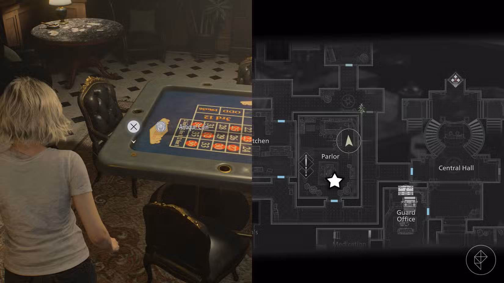 Uma montagem de duas imagens de Resident Evil Requiem mostrando a localização da Moeda Antiga número 5