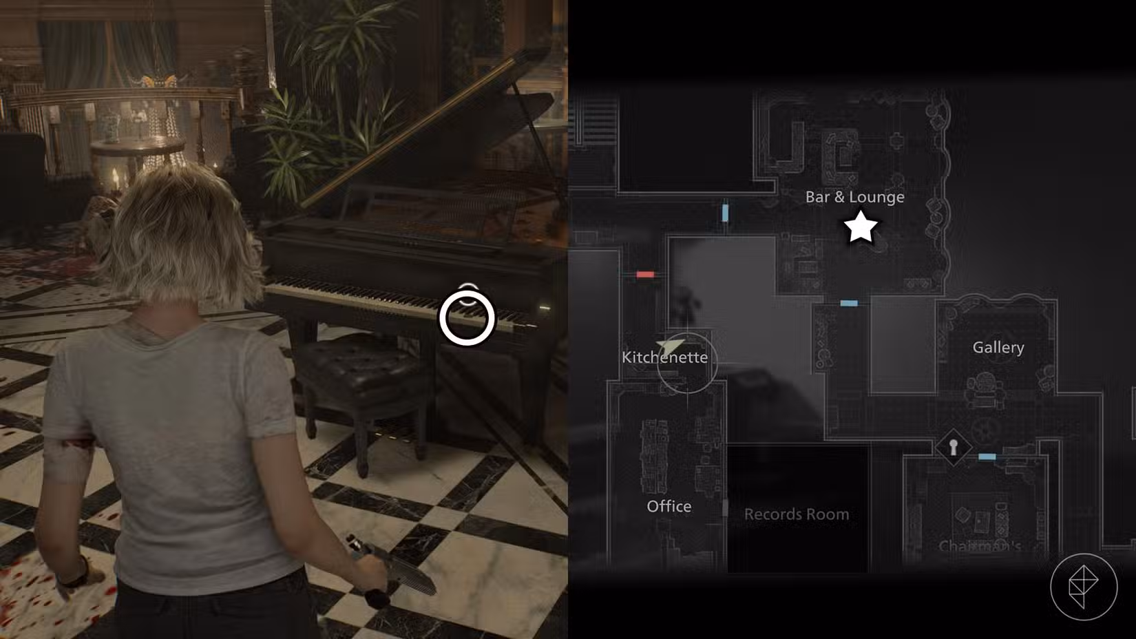 Uma montagem de duas imagens de Resident Evil Requiem mostrando a localização da Moeda Antiga número 4