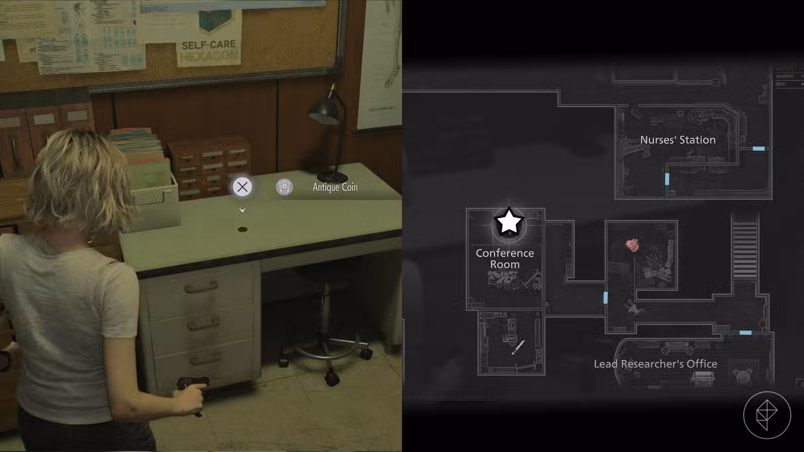 Uma montagem de duas imagens de Resident Evil Requiem mostrando a localização da Moeda Antiga número 12