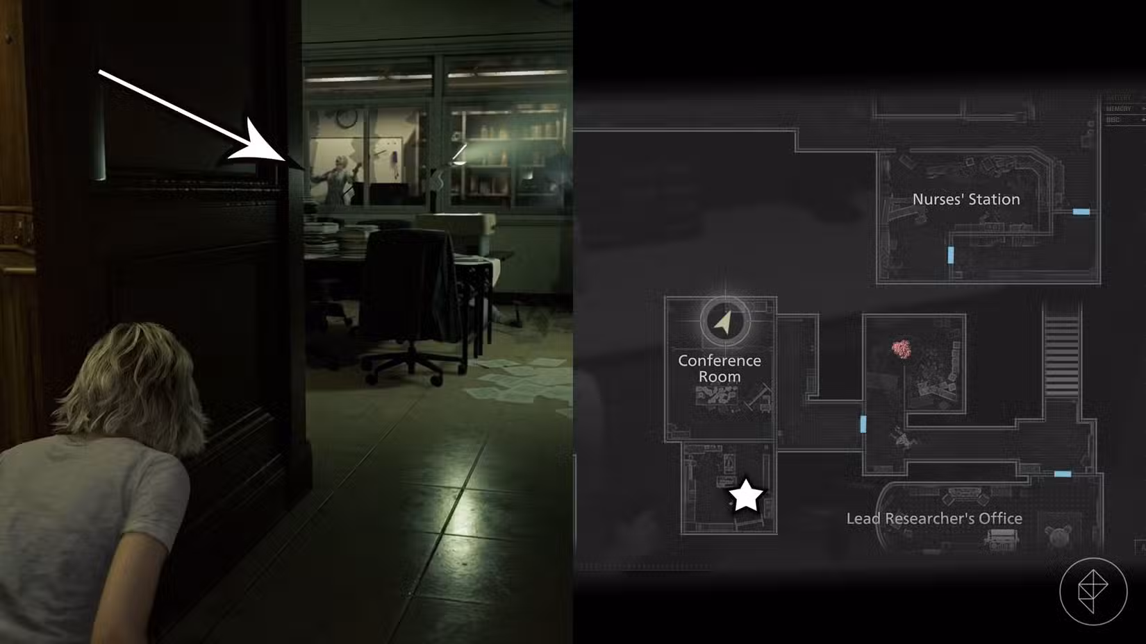 Uma montagem de duas imagens de Resident Evil Requiem mostrando a localização da Moeda Antiga número 13