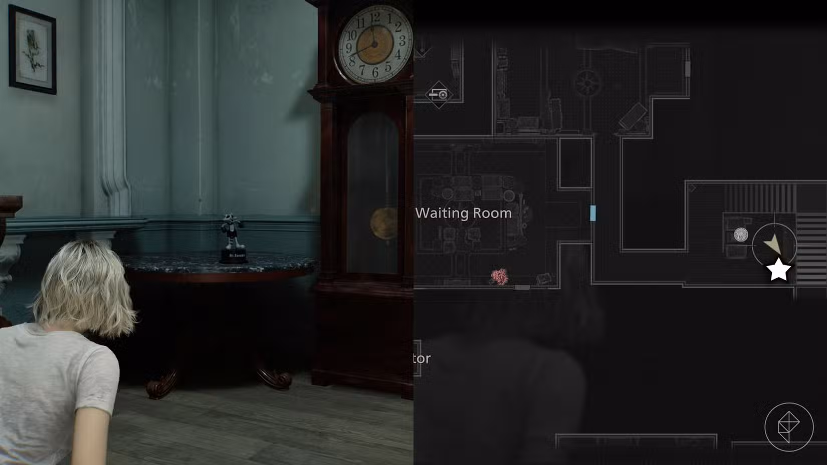 Uma montagem de duas imagens de Resident Evil Requiem mostrando a localização da estátua número 3 do Sr. Raccoon