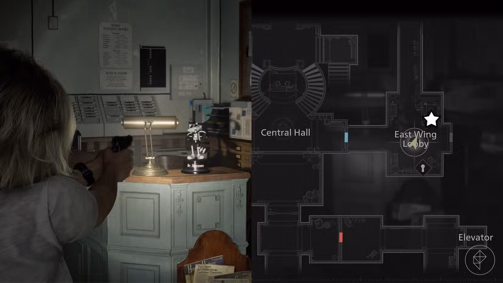 Uma montagem de duas imagens de Resident Evil Requiem mostrando a localização da estátua número 2 do Sr. Raccoon