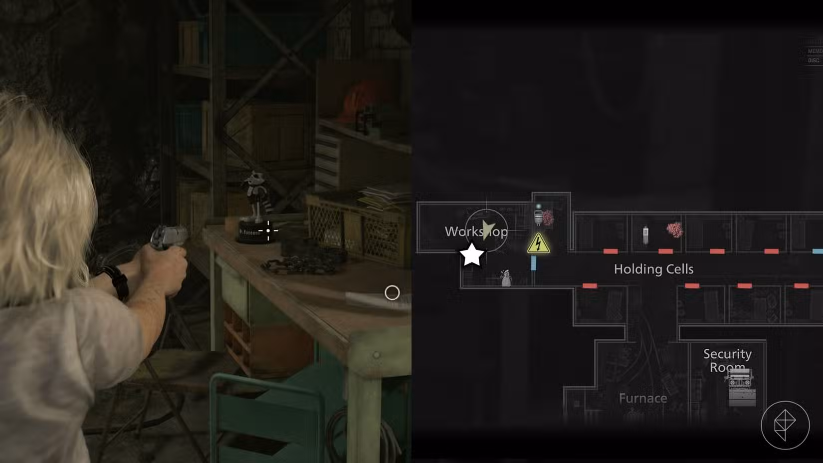 Uma montagem de duas imagens de Resident Evil Requiem mostrando a localização da estátua número 7 do Sr. Raccoon