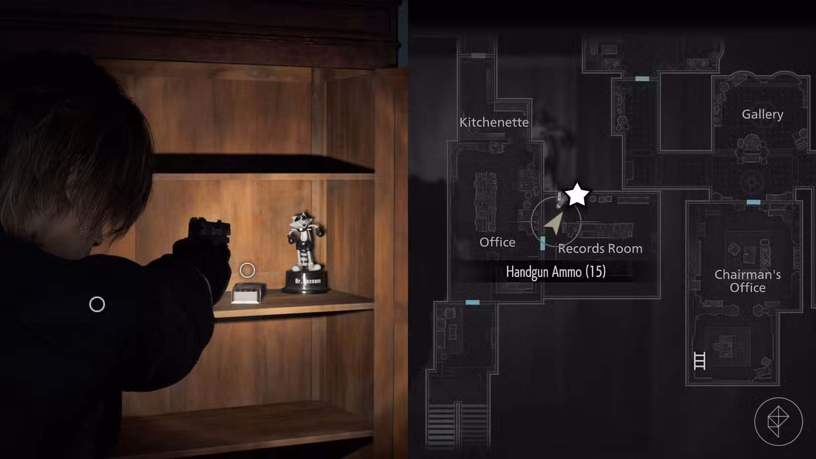 Uma montagem de duas imagens de Resident Evil Requiem mostrando a localização da estátua número 5 do Sr. Raccoon