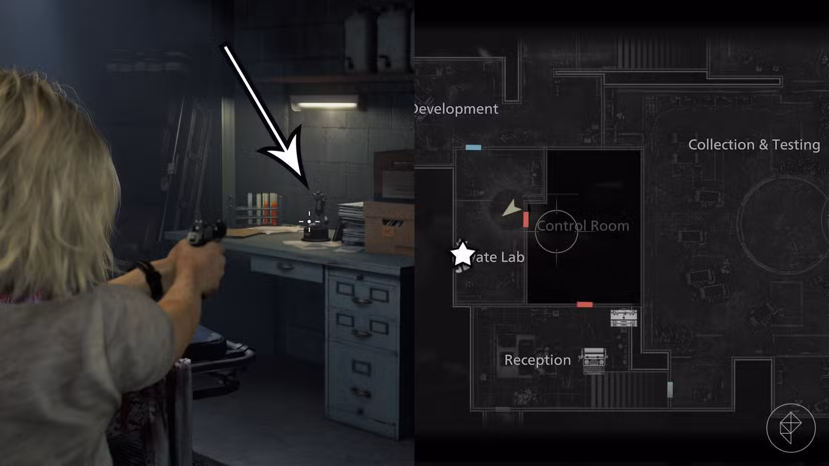 Uma montagem de duas imagens de Resident Evil Requiem mostrando a localização da estátua número 10 do Sr. Raccoon