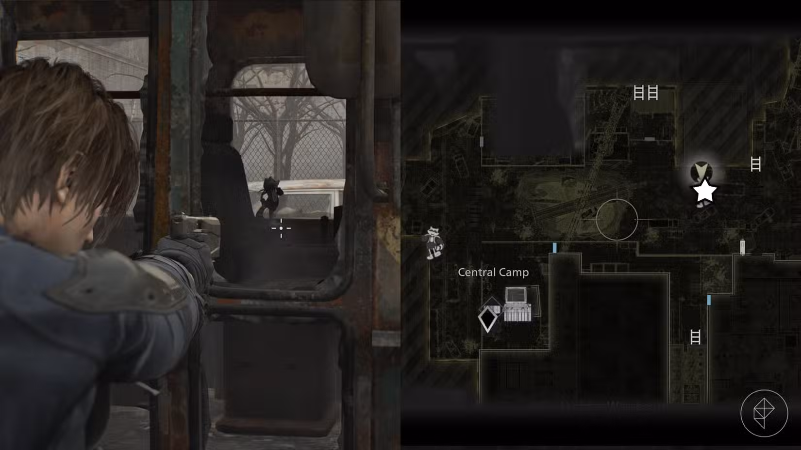 Uma montagem de duas imagens de Resident Evil Requiem mostrando a localização da estátua número 15 do Sr. Raccoon