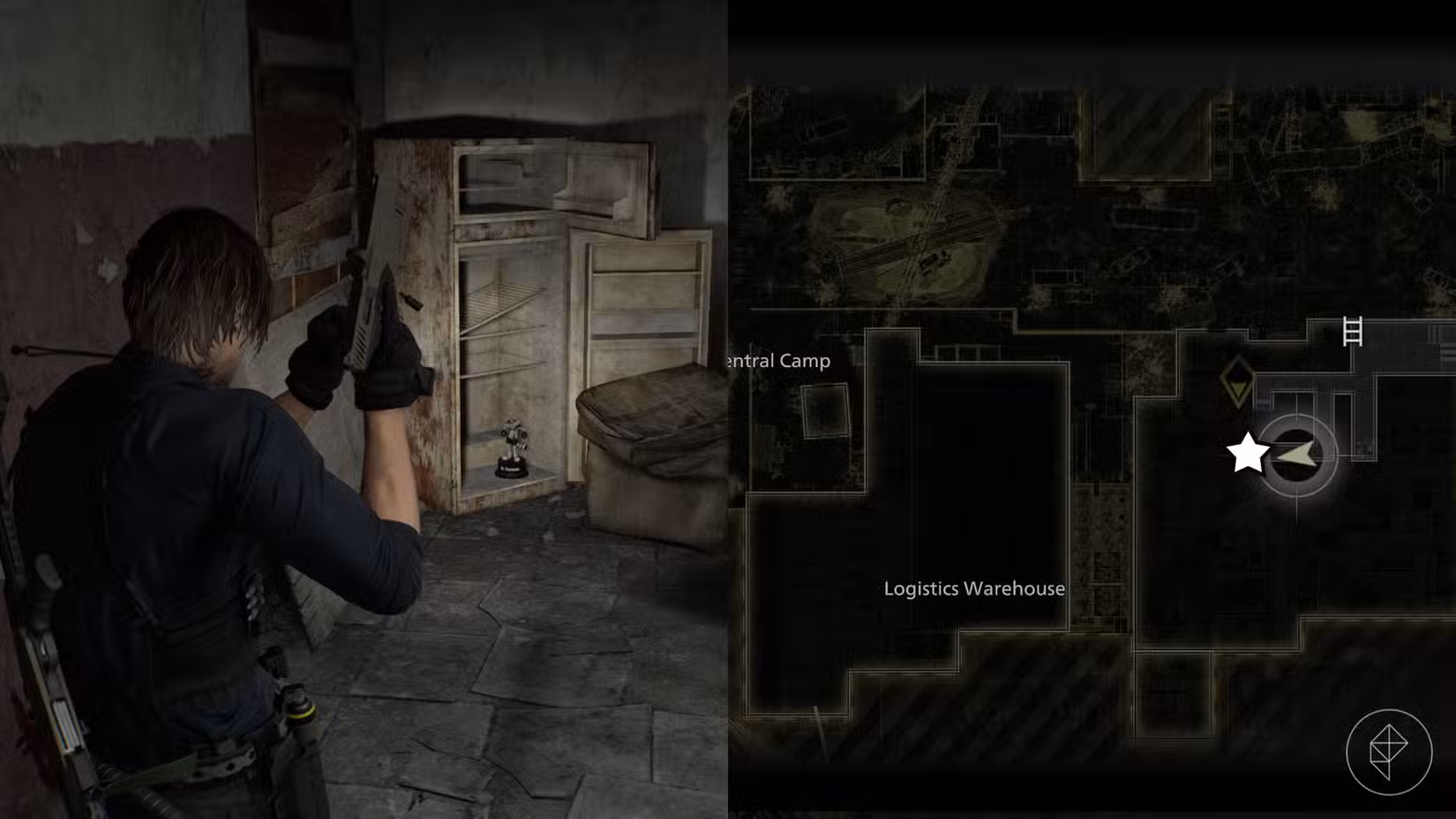 Uma montagem de duas imagens de Resident Evil Requiem mostrando a localização da estátua número 14 do Sr. Raccoon